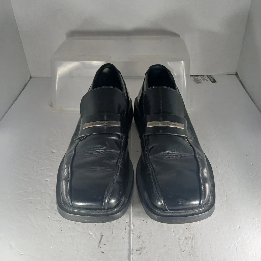 Kenneth Cole Reaction Loafers 11 Black Square Toe Leather Y2K Professional Dress